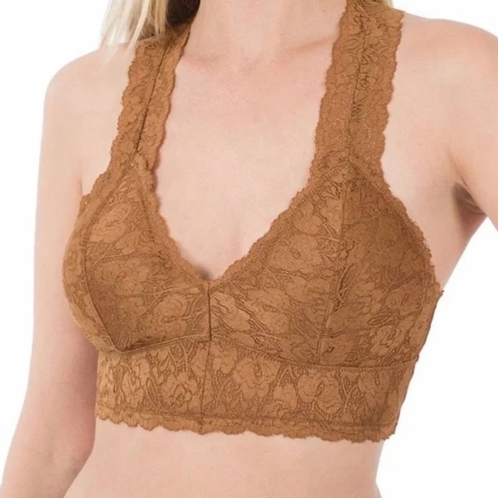NEW Dark Brown Stretch Lace Hourglass Back with Mesh Lining Bralette